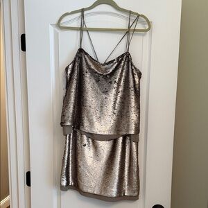 Banana Republic Sequin Champagne Layered midi Dress petite size 12